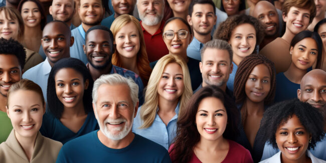 Group of happy multiethnic and multi aged people smiling to camera.